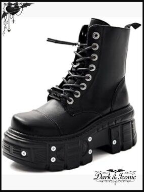 Women's Platform Combat Boots with Studded Buckle Lace Up Chunky Heel